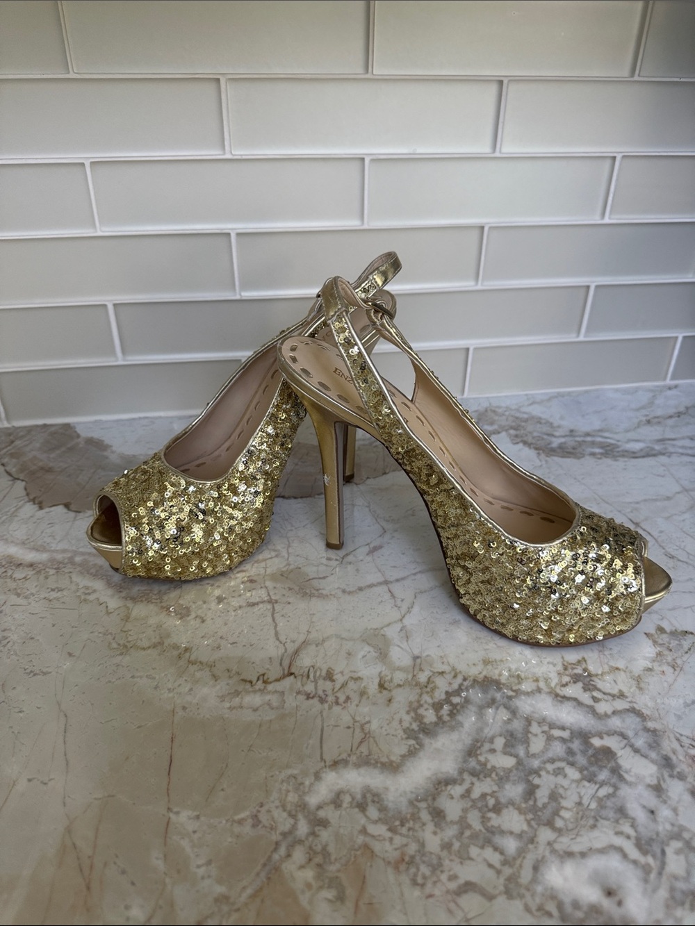 ENZO ANGIOLINI Gold Sequin Open-Toe High Heel Pumps